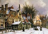 Townview Canvas Paintings - A Townview with Figures on a Snow Covered Street